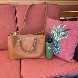 Tory Burch Robinson Large Double Zip Camel colored Saffiano Leather Satchel